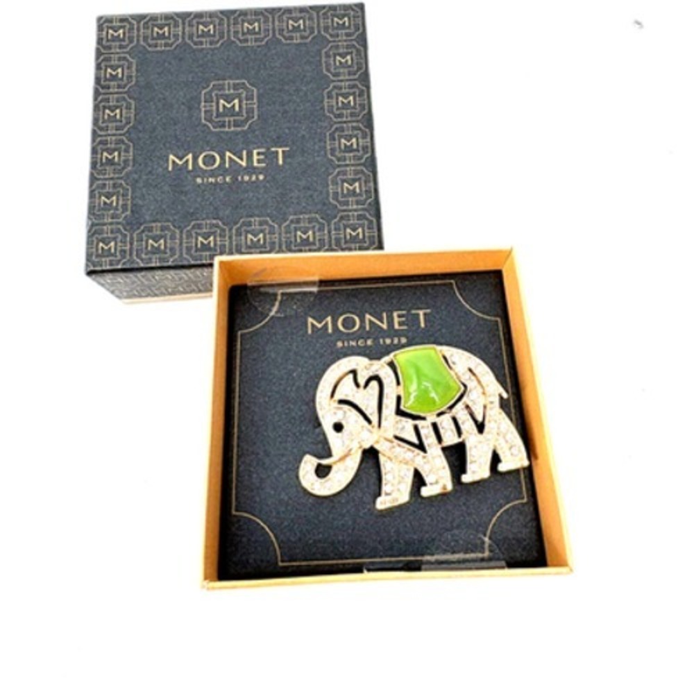 Vintage Monet Elephant Brooch Jade Green and Rhinestone Gold Tone Pin Good Luck